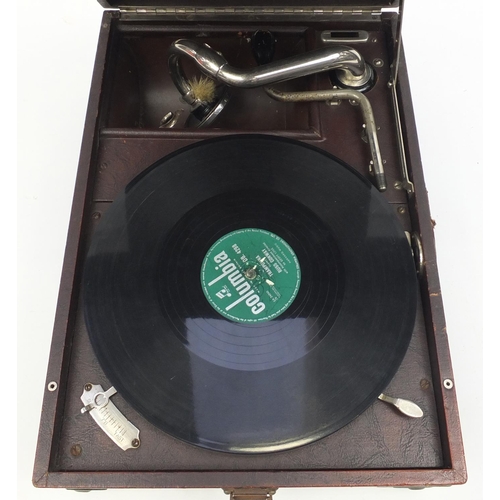 2120 - Brown cased His Master's Voice model 101 portable wind up gramophone, numbered 29130 and assorted re... 