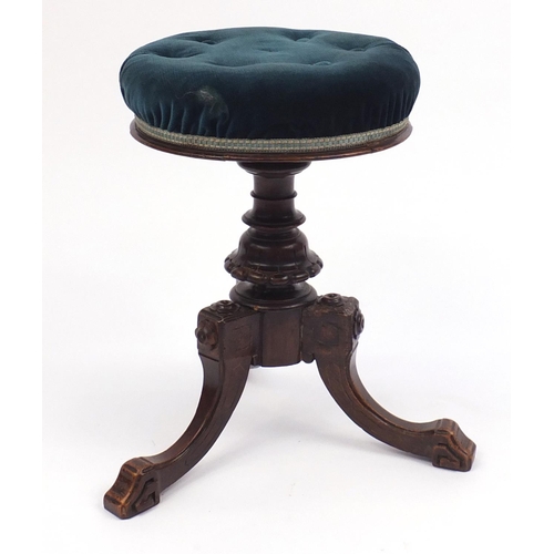 12 - Victorian carved mahogany piano stool with button upholstered seat, 48cm high