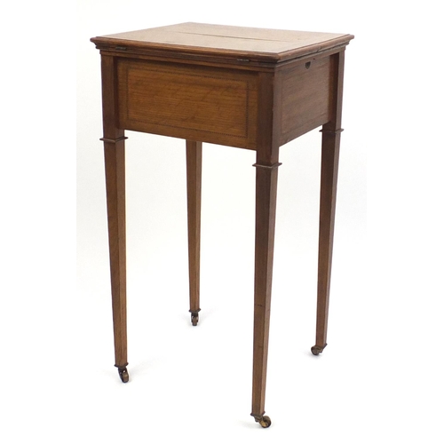 42 - Edwardian inlaid mahogany sewing table on tapering legs, 78cm H x 37cm W x 43cm D