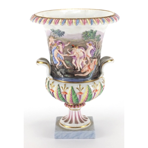 590 - 19th century Capodimonte campana urn vase with twin handles, hand painted and decorated in low relie... 