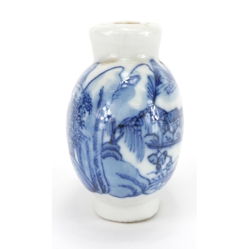 439 - Chinese blue and white porcelain snuff bottle, hand painted with figures crossing a bridge before a ... 