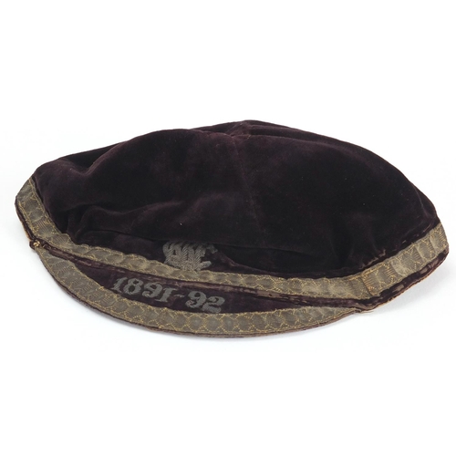 143 - Two Victorian gold braided velvet rugby caps, together with a 1950's example, one dated 1884-91 with... 