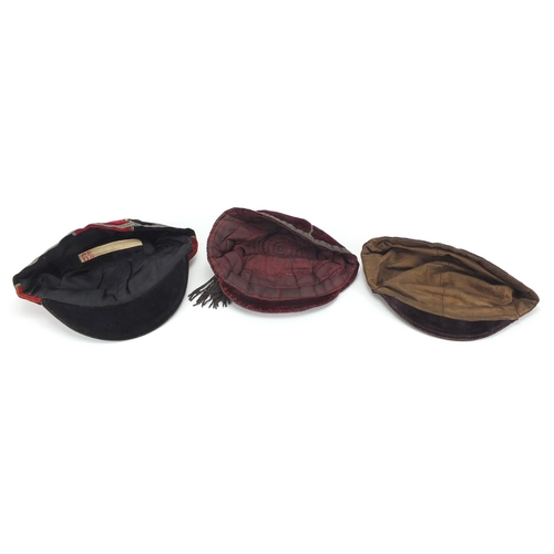 143 - Two Victorian gold braided velvet rugby caps, together with a 1950's example, one dated 1884-91 with... 