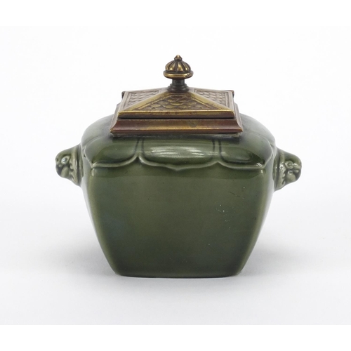 671 - Aesthetic green glazed pottery inkwell by Theodore Deck, with animalia handles and glass liner, 8.5c... 