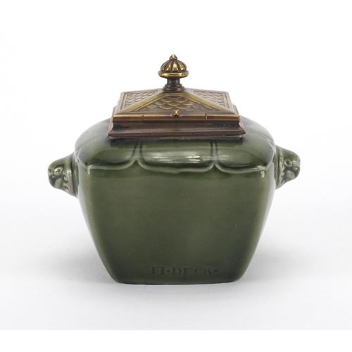 671 - Aesthetic green glazed pottery inkwell by Theodore Deck, with animalia handles and glass liner, 8.5c... 