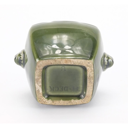 671 - Aesthetic green glazed pottery inkwell by Theodore Deck, with animalia handles and glass liner, 8.5c... 