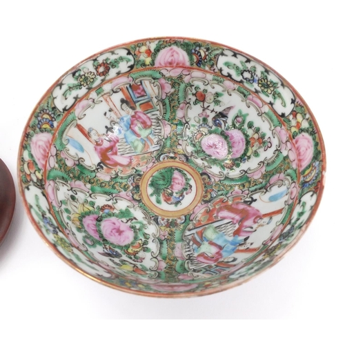 435 - Chinese ceramics comprising a blue and white dish hand painted with a river landscape, Cantonese bow... 