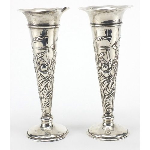 719 - Pair of Art Nouveau silver tulip vases embossed with stylised flowers, William Comyns London 1901, 2... 