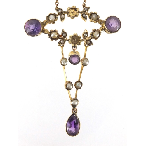 838 - Art Nouveau 9ct gold amethyst and seed pearl pendant on a 9ct gold necklace, the pendant 4cm in leng... 