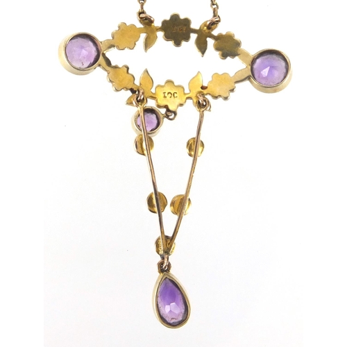 838 - Art Nouveau 9ct gold amethyst and seed pearl pendant on a 9ct gold necklace, the pendant 4cm in leng... 