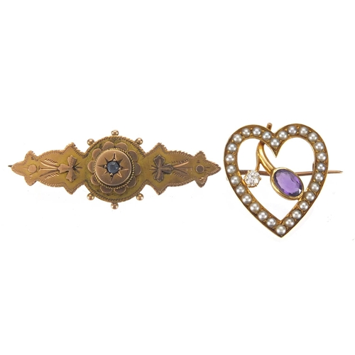 860 - 15ct gold love heart brooch set with a diamond, amethyst and seed pearls, and a 9ct gold bar brooch ... 