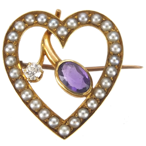 860 - 15ct gold love heart brooch set with a diamond, amethyst and seed pearls, and a 9ct gold bar brooch ... 