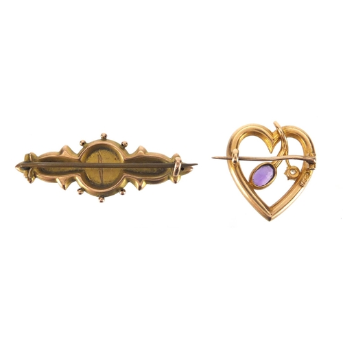 860 - 15ct gold love heart brooch set with a diamond, amethyst and seed pearls, and a 9ct gold bar brooch ... 