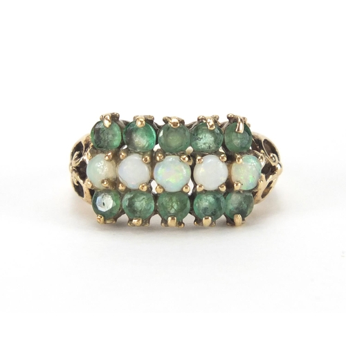 881 - 9ct gold opal and green stone three row ring, size G, approximate weight 2.4g