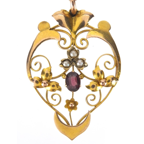 873 - Art Nouveau 9ct gold amethyst and seed pearl pendant on a 9ct gold necklace, and a gold coloured met... 