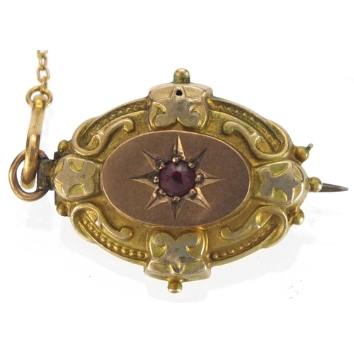 873 - Art Nouveau 9ct gold amethyst and seed pearl pendant on a 9ct gold necklace, and a gold coloured met... 