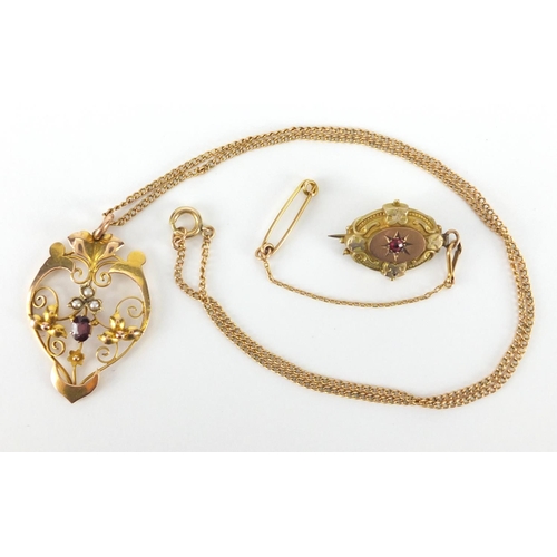 873 - Art Nouveau 9ct gold amethyst and seed pearl pendant on a 9ct gold necklace, and a gold coloured met... 