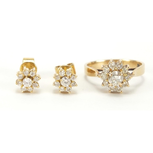 808 - 14ct gold diamond flower head ring and earrings, the ring size M, approximate weight 6.5g