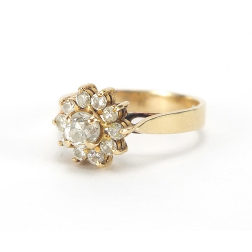 808 - 14ct gold diamond flower head ring and earrings, the ring size M, approximate weight 6.5g