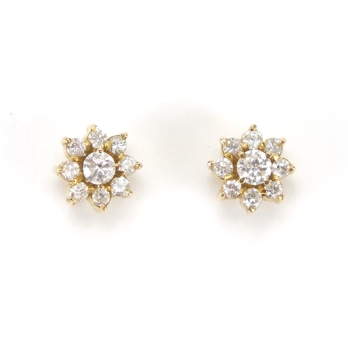 808 - 14ct gold diamond flower head ring and earrings, the ring size M, approximate weight 6.5g