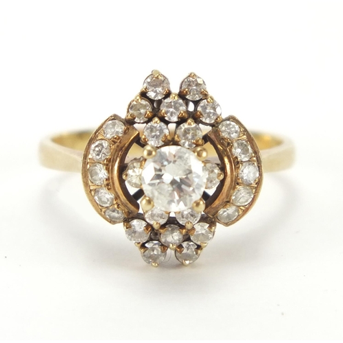 874 - 14ct gold diamond cluster ring, size N, approximate weight 3.4g