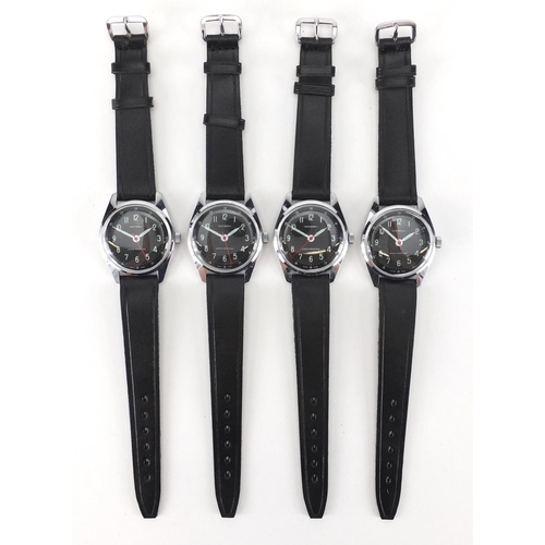 943 - Four as new Gentleman's Ingersoll wristwatches with black dials, aluminous hands and numerals, each ... 