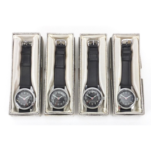 943 - Four as new Gentleman's Ingersoll wristwatches with black dials, aluminous hands and numerals, each ... 