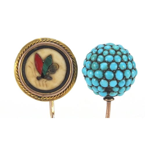 895 - Unmarked gold Pietra Dura stick pin and a turquoise example