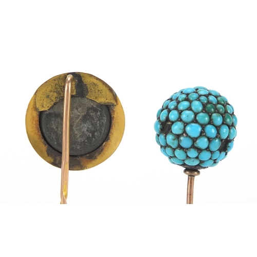 895 - Unmarked gold Pietra Dura stick pin and a turquoise example