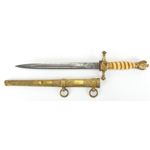 337 - Good German Third Reich Kriegsmarine naval dagger by J Robrecht with watered blade, wire bound ivory... 