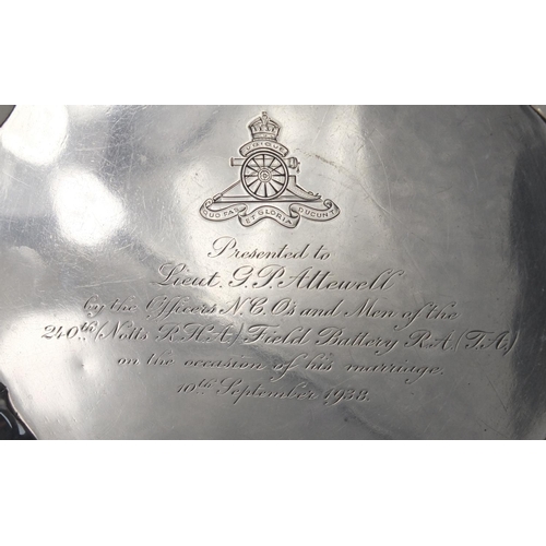 723 - Military interest silver three footed salver with engraved Royal Artillery Insignia, presented to Li... 