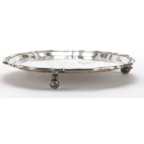 723 - Military interest silver three footed salver with engraved Royal Artillery Insignia, presented to Li... 