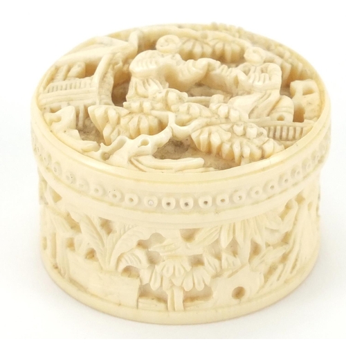 510 - Chinese Canton ivory pot and cover housing eight Mother of Pearl gaming counters, the pot carved wit... 