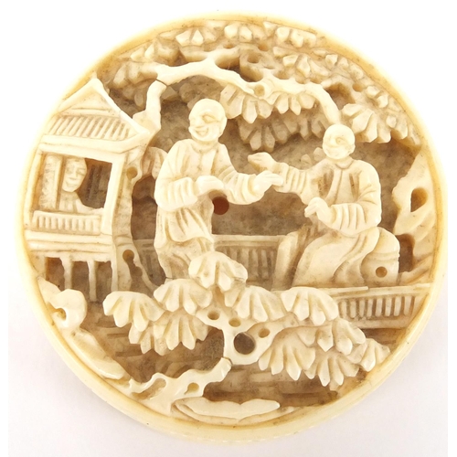 510 - Chinese Canton ivory pot and cover housing eight Mother of Pearl gaming counters, the pot carved wit... 