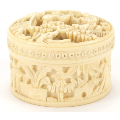 510 - Chinese Canton ivory pot and cover housing eight Mother of Pearl gaming counters, the pot carved wit... 