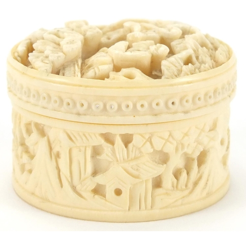 510 - Chinese Canton ivory pot and cover housing eight Mother of Pearl gaming counters, the pot carved wit... 