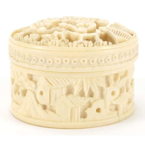 510 - Chinese Canton ivory pot and cover housing eight Mother of Pearl gaming counters, the pot carved wit... 