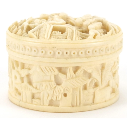 510 - Chinese Canton ivory pot and cover housing eight Mother of Pearl gaming counters, the pot carved wit... 