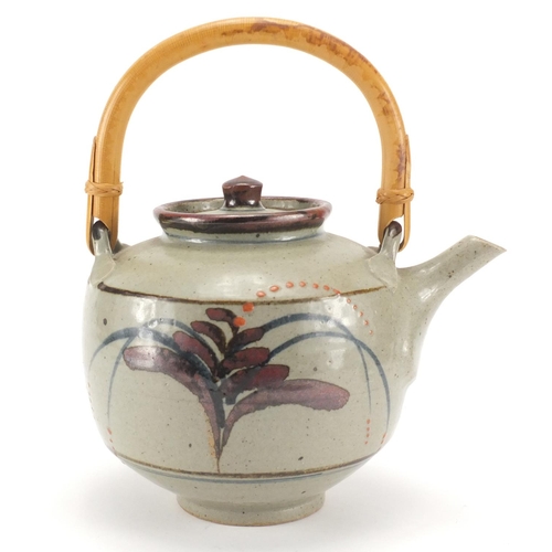 677 - Celadon glazed studio pottery teapot by David Leach of Lowerdown pottery with foxglove decoration, i... 