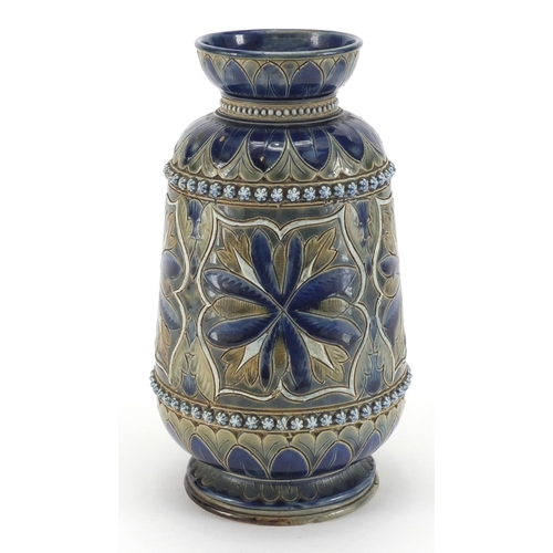 650 - Doulton Lambeth stoneware vase hand painted and incised with stylised flowers, factory marks and num... 