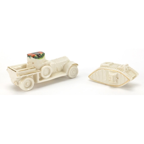 329 - WWI Military interest Carlton China crested tank together with an armoured car, Tank Corps and Fearn... 