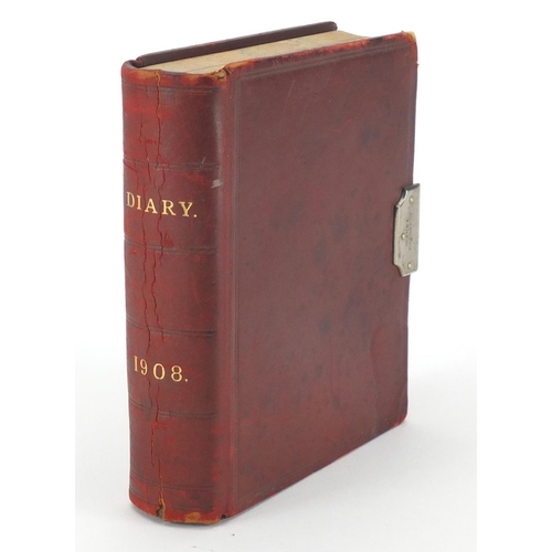 30 - Red Moroccan leather bound Asprey and Houghton & Gunn's 1908 diary, with silver plated lockable clas... 