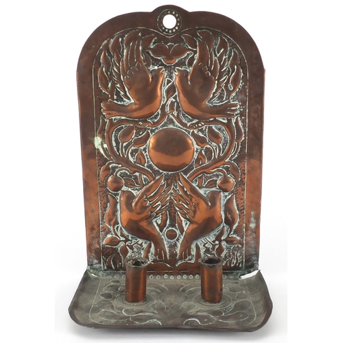 700 - Arts and Crafts Newlyn John Pearson style double copper candle sconce embossed with doves of peace, ... 