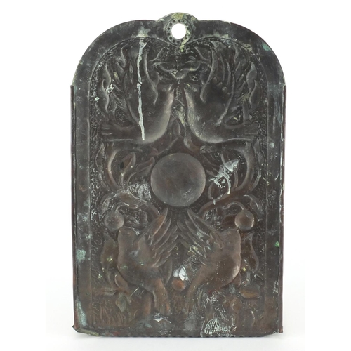 700 - Arts and Crafts Newlyn John Pearson style double copper candle sconce embossed with doves of peace, ... 