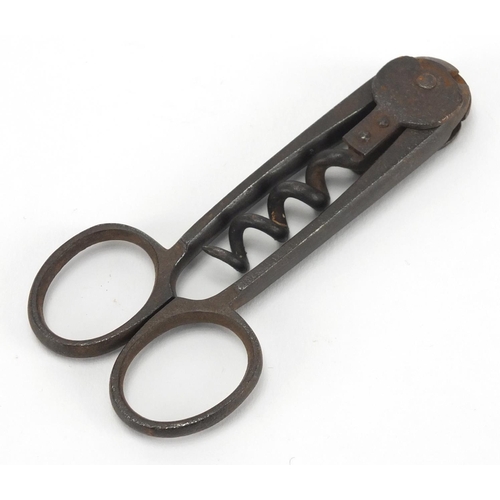 75 - 19th century German steel scissor action corkscrew, 10cm in length