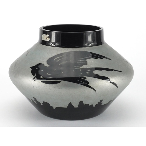 634 - Art Deco Artver black and silvered cameo glass vase decorated with swifts, etched mark to side, 16cm... 