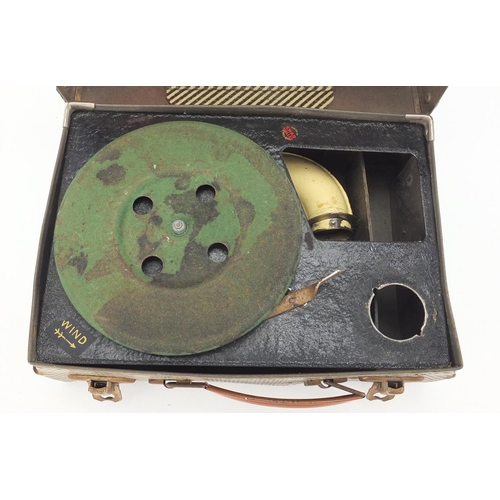 188 - Vintage child's suitcase wind up gramophone with a selection of Golden Tone records