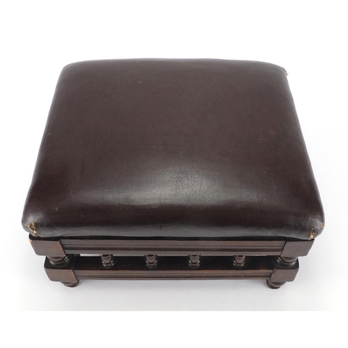 69 - Edwardian mahogany stool with brown leather seat, 20cm H x 30cm W x 25cm D