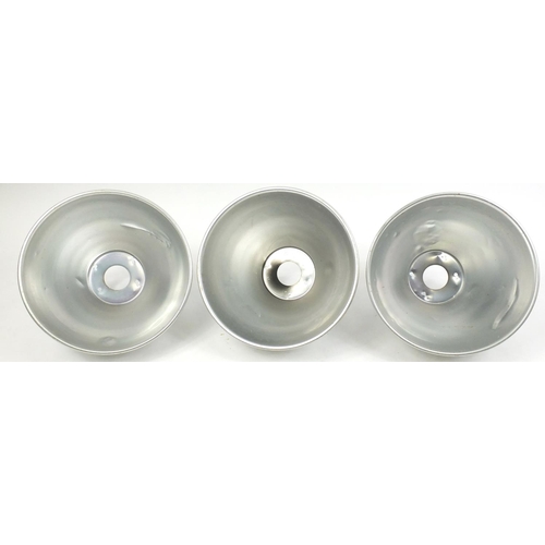 2045 - Three industrial style brushed aluminium light shades, 31cm high