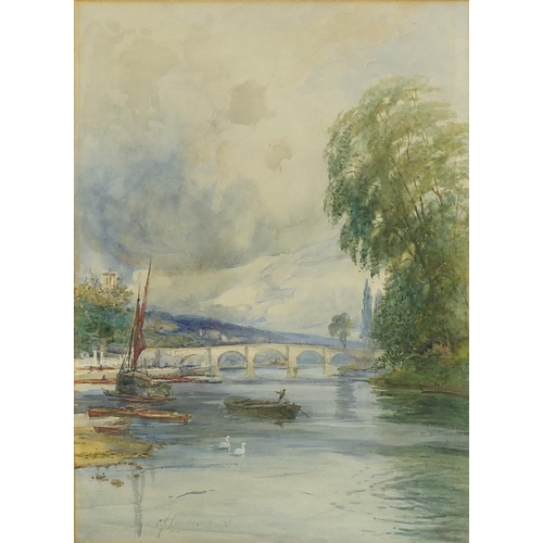 1117 - Charles James Lauder RSW - Moored boats before a bridge, watercolour, inscribed verso, mounted and f... 